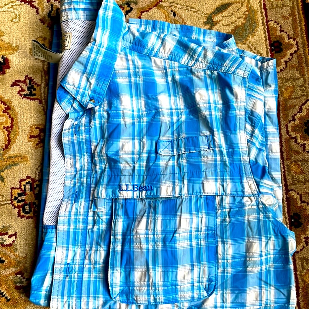 LL Bean blue and white long sleeve fishing shirt